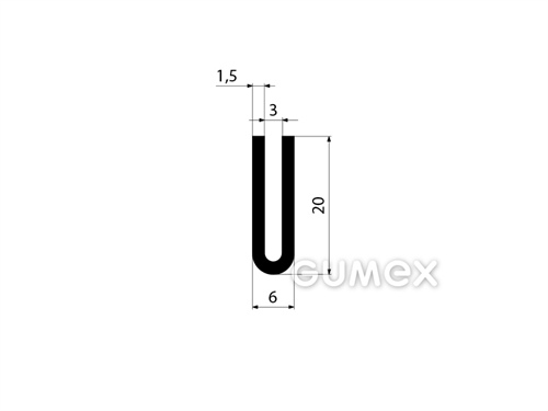 Pryžový profil tvaru "U", 20x6/3mm, 70°ShA, NBR, -40°C/+70°C, černý
